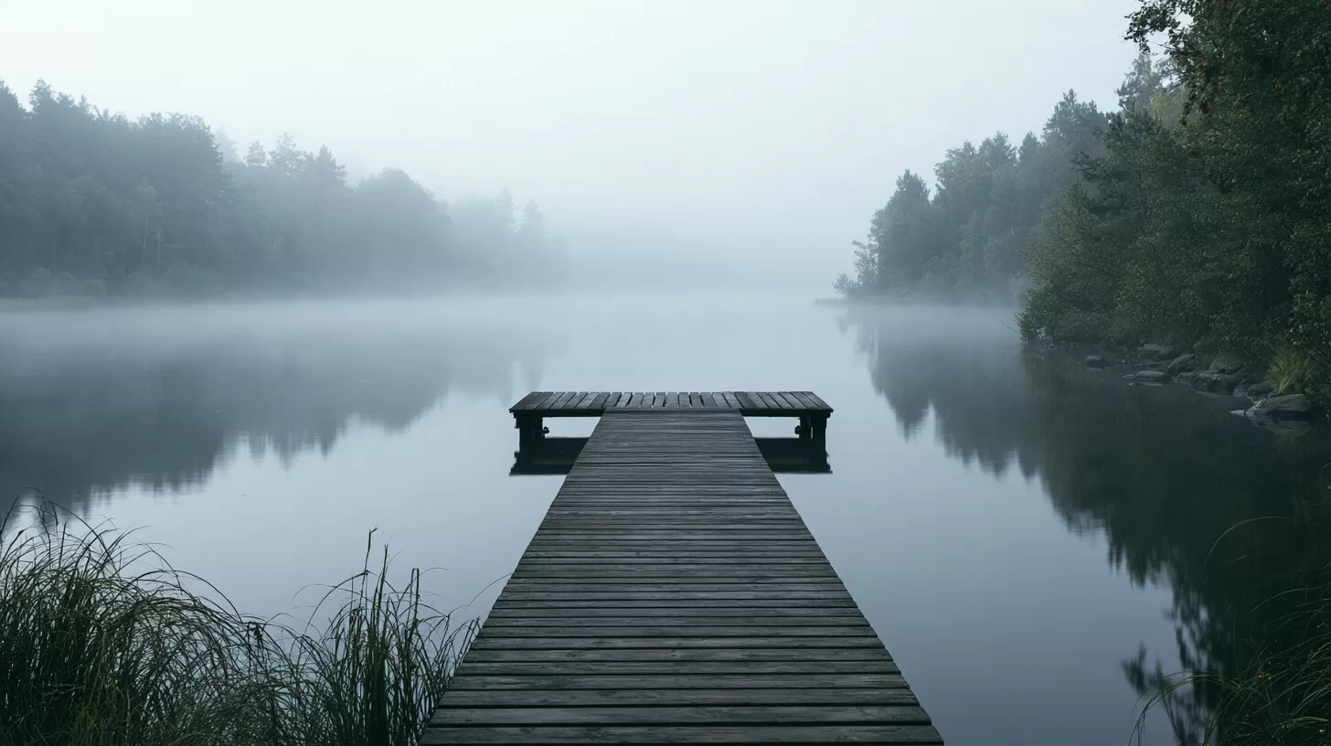 안개 호수 — 안개가 걷히지 않아도 괜찮습니다. 물 위 한 점을 보며 숨을 내쉬세요.